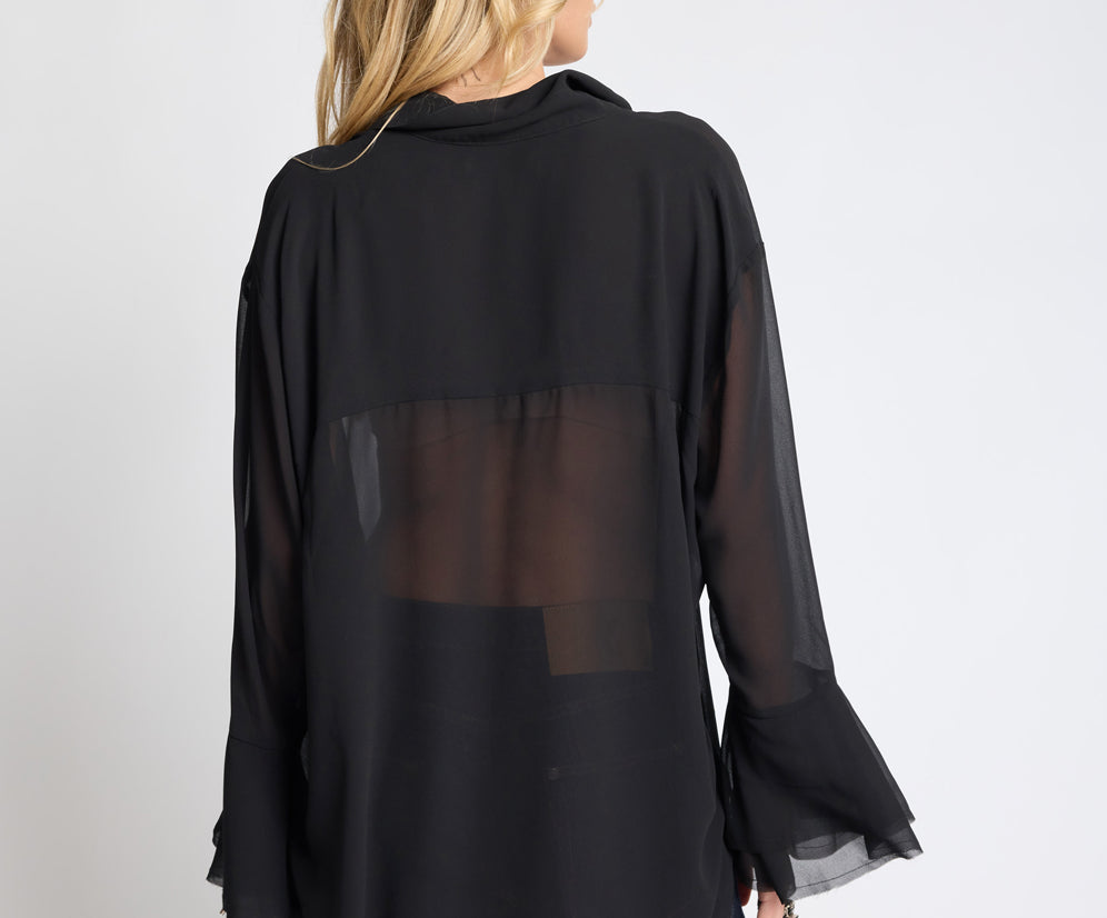Dark Muse Sheer Lace Up Shirt - Black