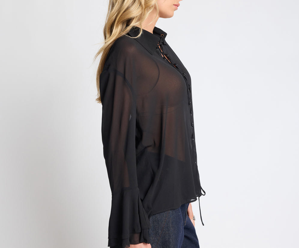 Dark Muse Sheer Lace Up Shirt - Black