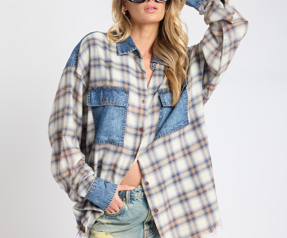 Oversized Flannel Shirt - Blue & White Check