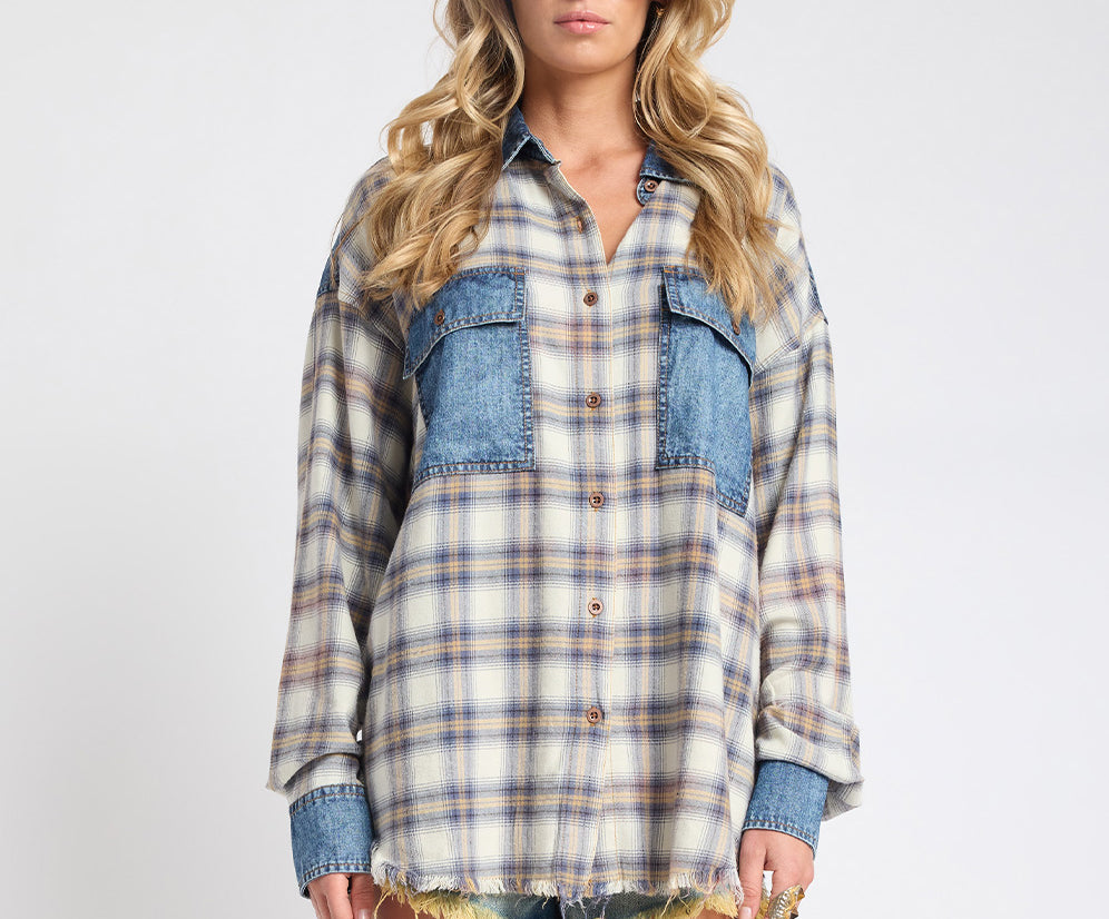 Oversized Flannel Shirt - Blue & White Check