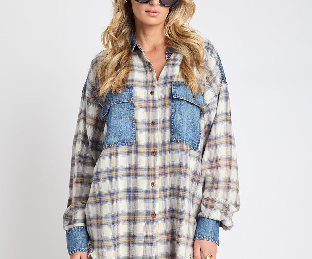 Oversized Flannel Shirt - Blue & White Check