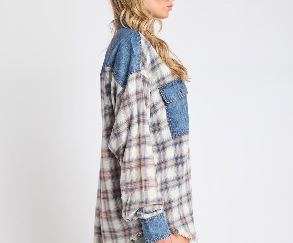 Oversized Flannel Shirt - Blue & White Check