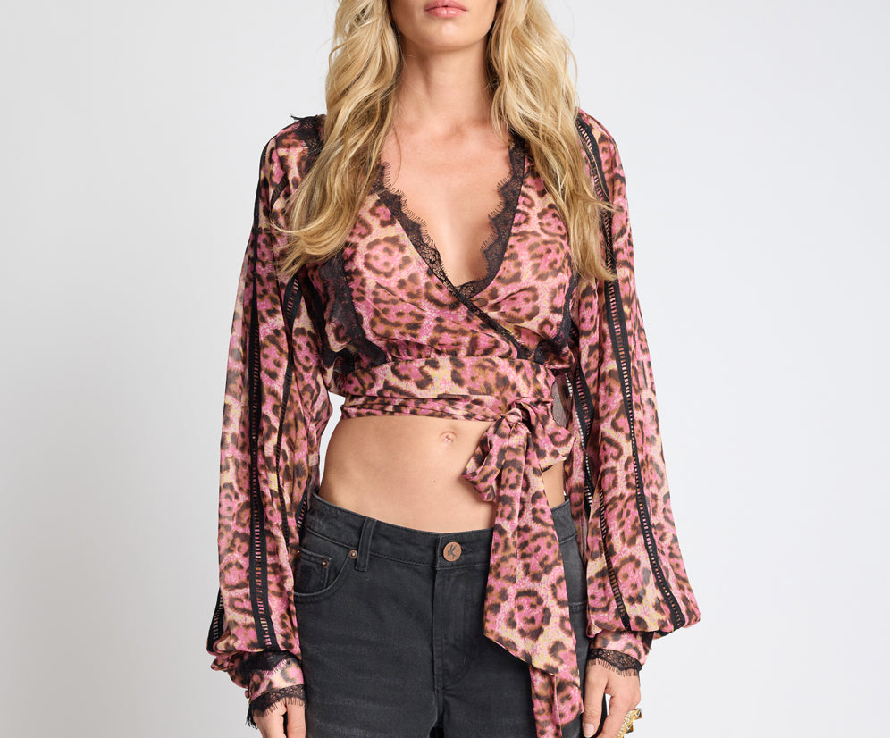 Songbird Sheer Balloon Sleeve Tie-Up Blouse - Pink Leopard