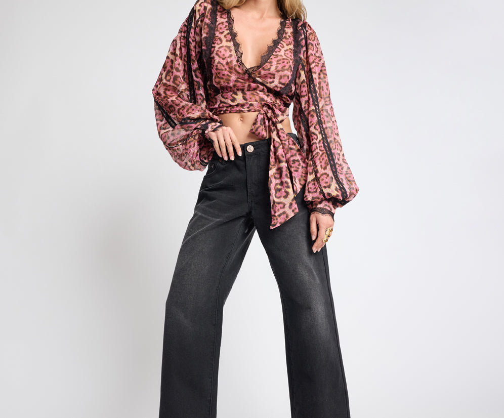 Songbird Sheer Balloon Sleeve Tie-Up Blouse - Pink Leopard