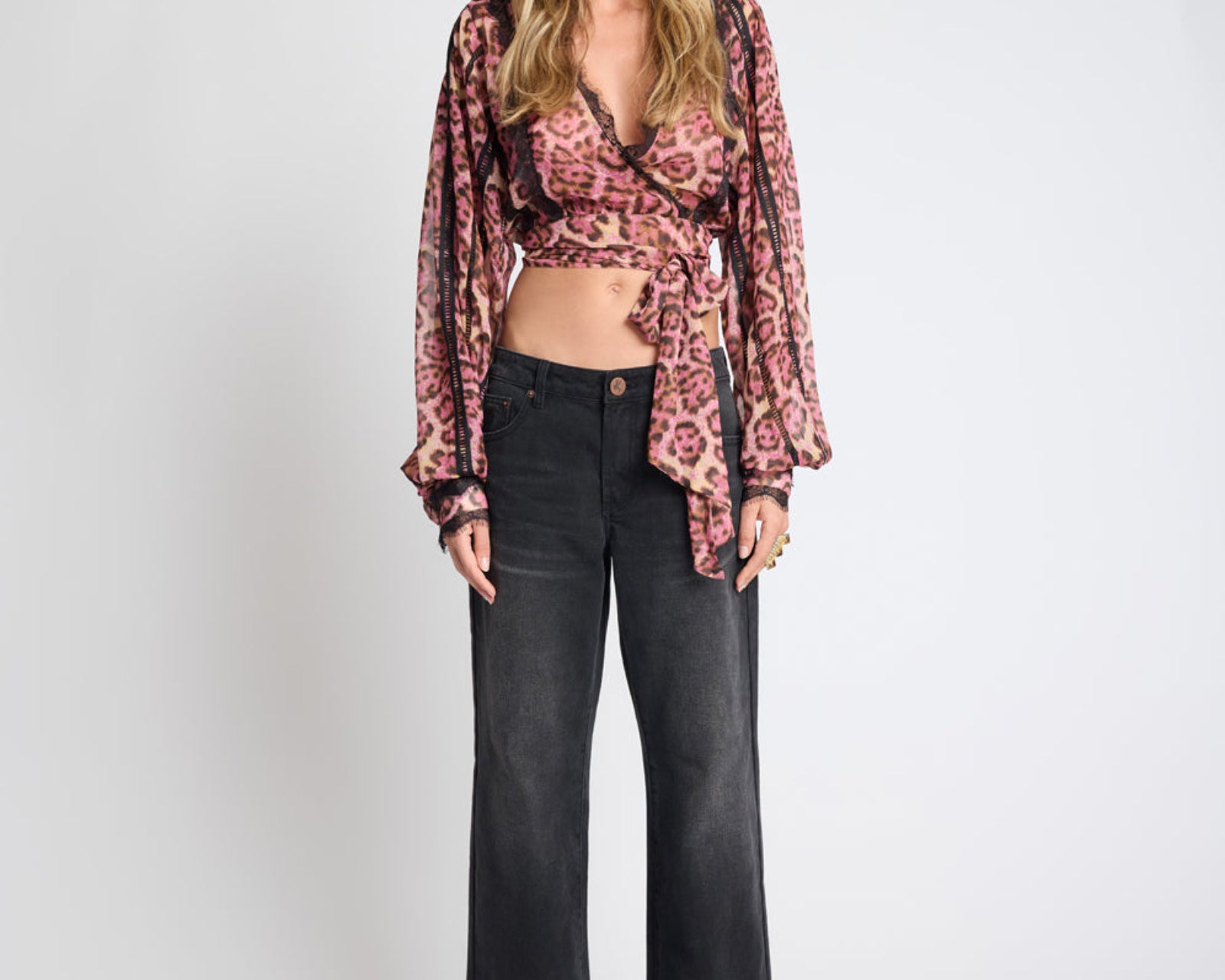Songbird Sheer Balloon Sleeve Tie-Up Blouse - Pink Leopard