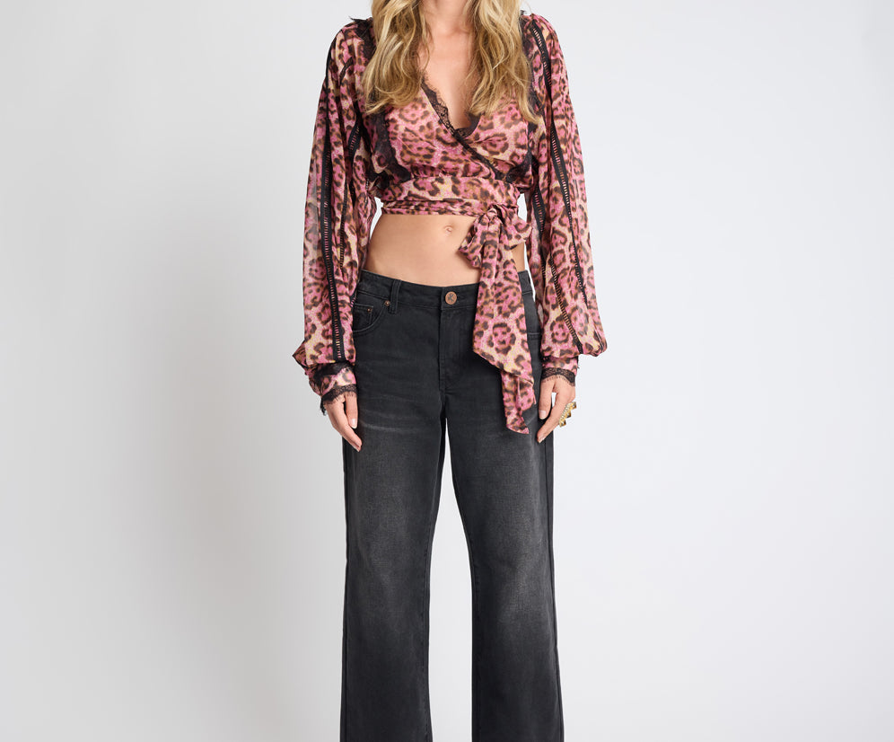 Songbird Sheer Balloon Sleeve Tie-Up Blouse - Pink Leopard