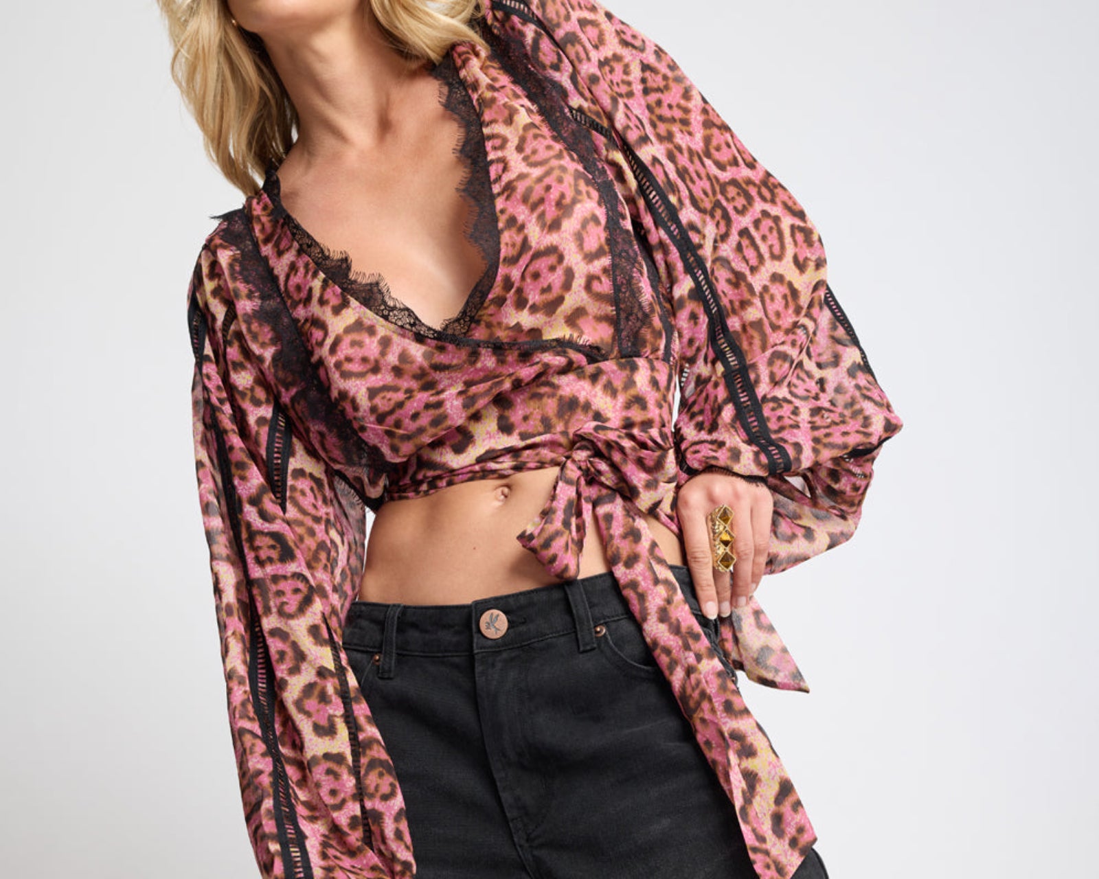 Songbird Sheer Balloon Sleeve Tie-Up Blouse - Pink Leopard