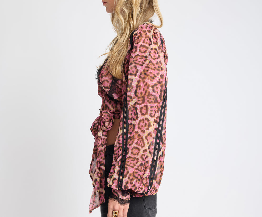 Songbird Sheer Balloon Sleeve Tie-Up Blouse - Pink Leopard