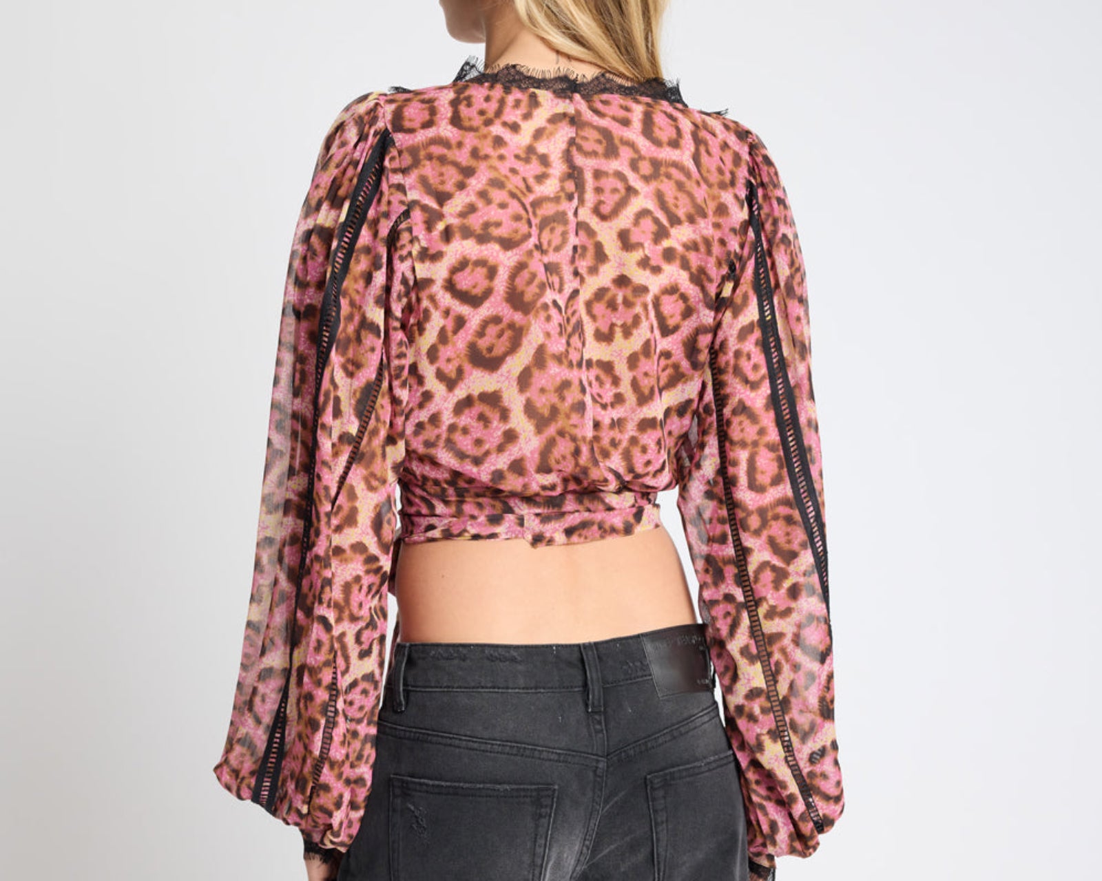 Songbird Sheer Balloon Sleeve Tie-Up Blouse - Pink Leopard