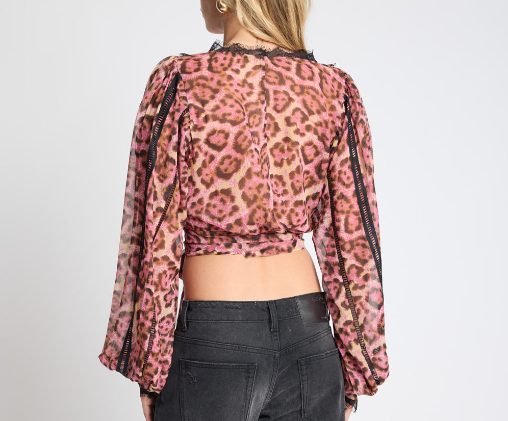 Songbird Sheer Balloon Sleeve Tie-Up Blouse - Pink Leopard