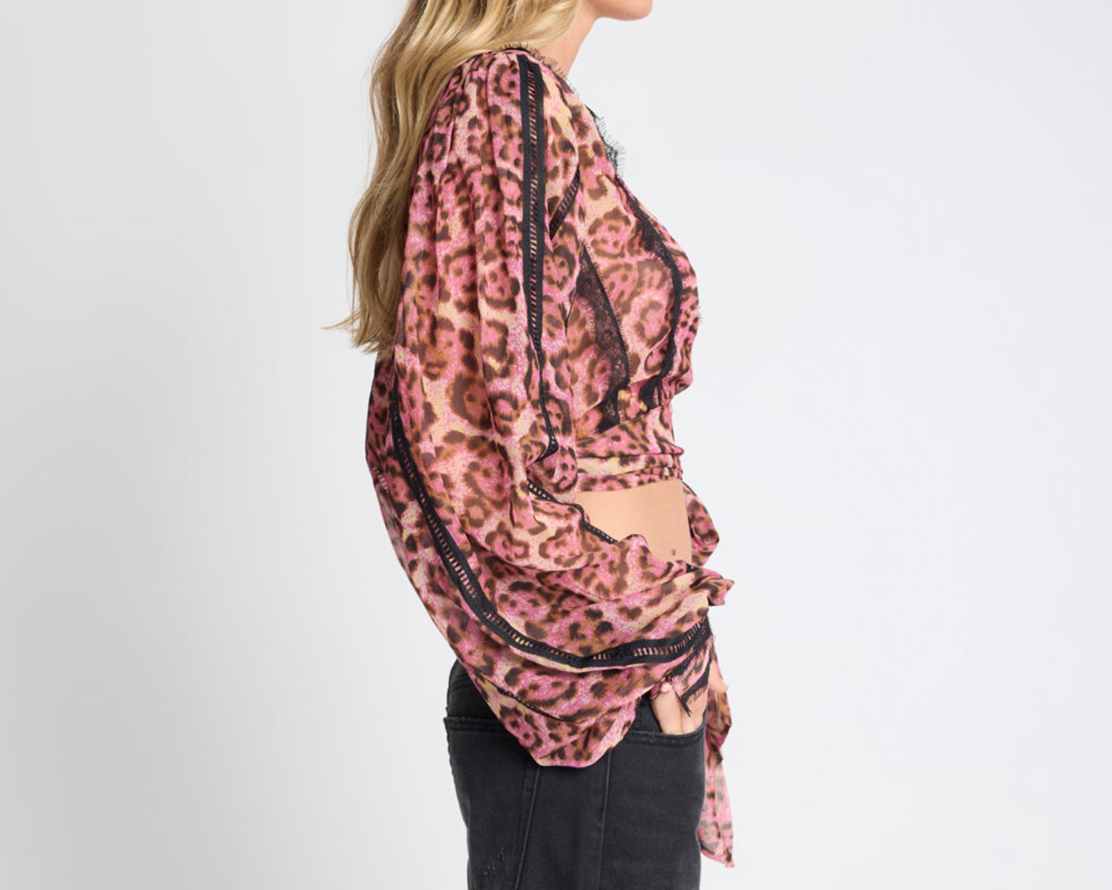 Songbird Sheer Balloon Sleeve Tie-Up Blouse - Pink Leopard