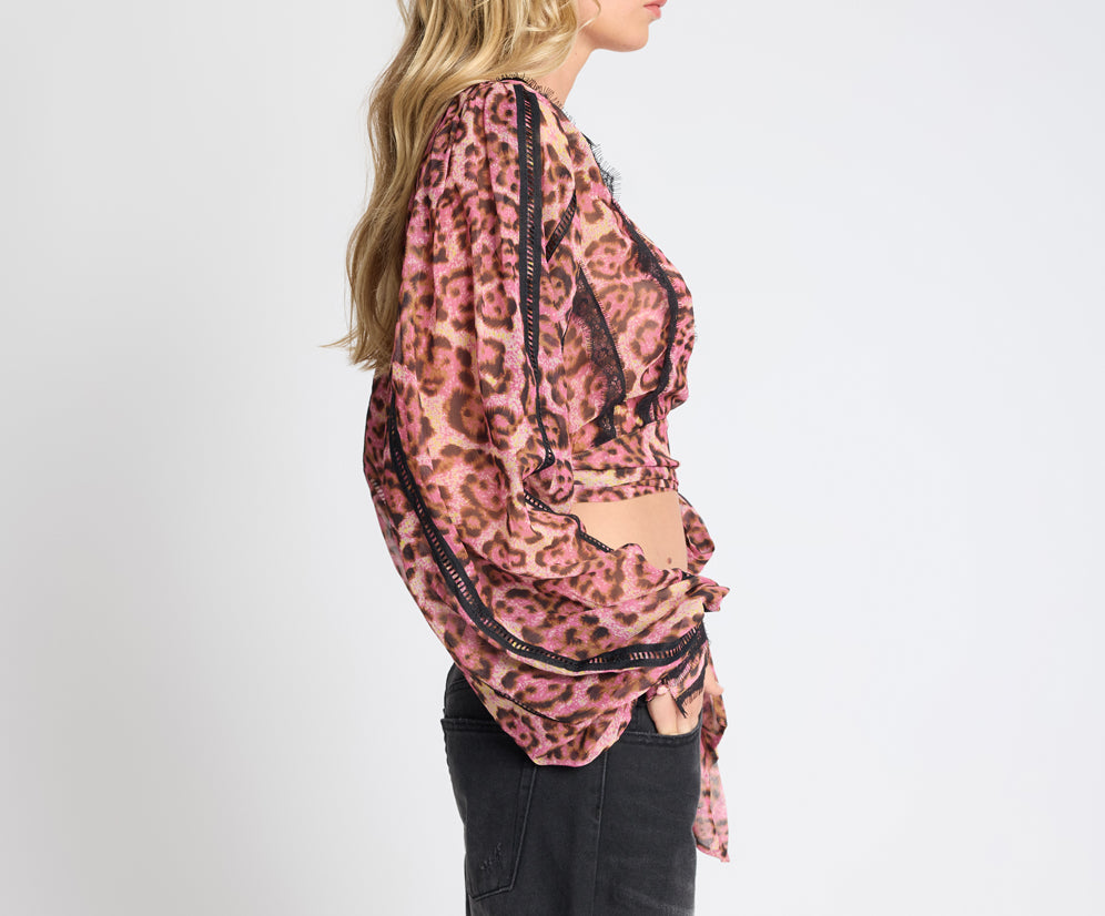 Songbird Sheer Balloon Sleeve Tie-Up Blouse - Pink Leopard
