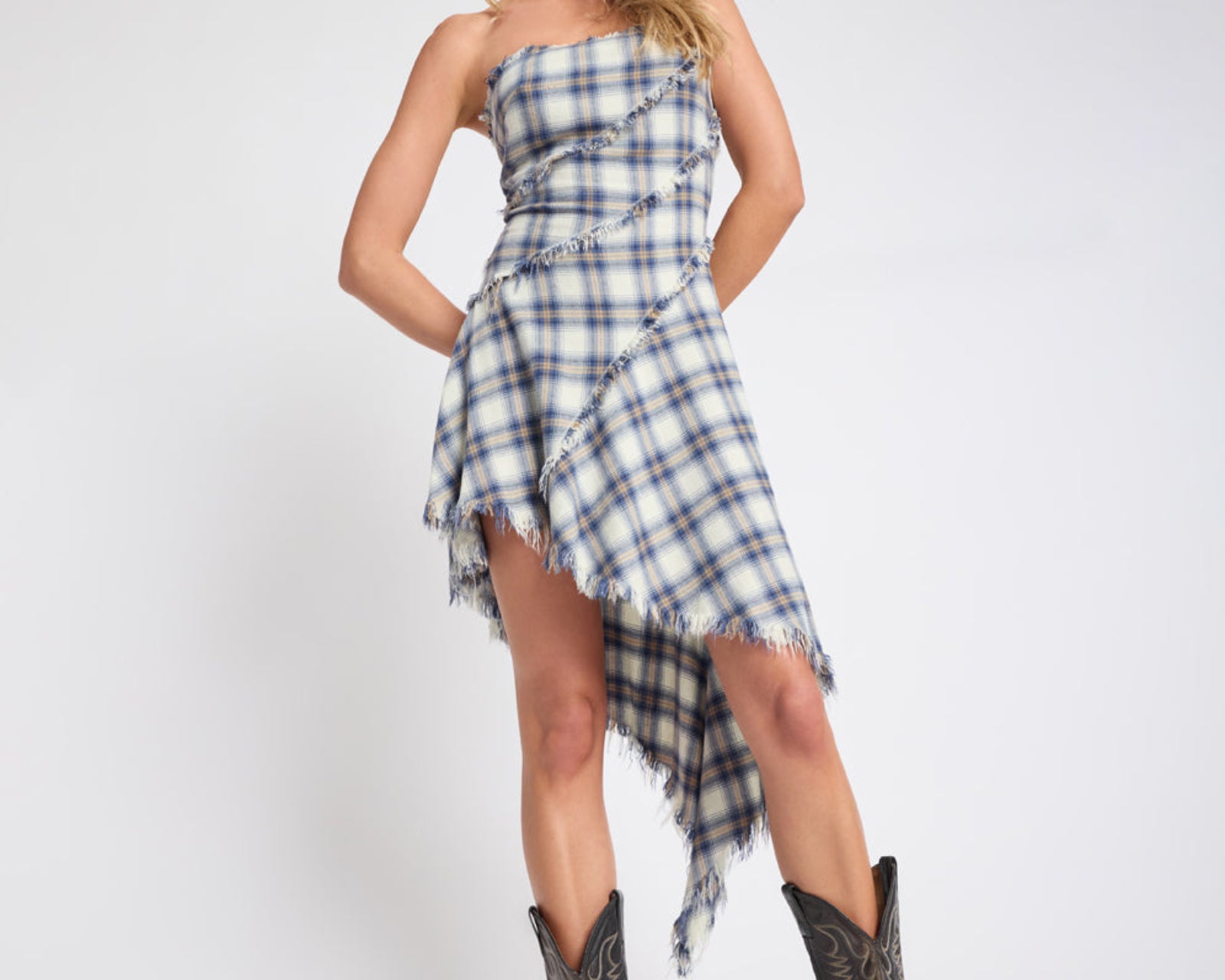 Heart Of Glass Asymmetrical Flannel Mini Dress - Blue & White Check