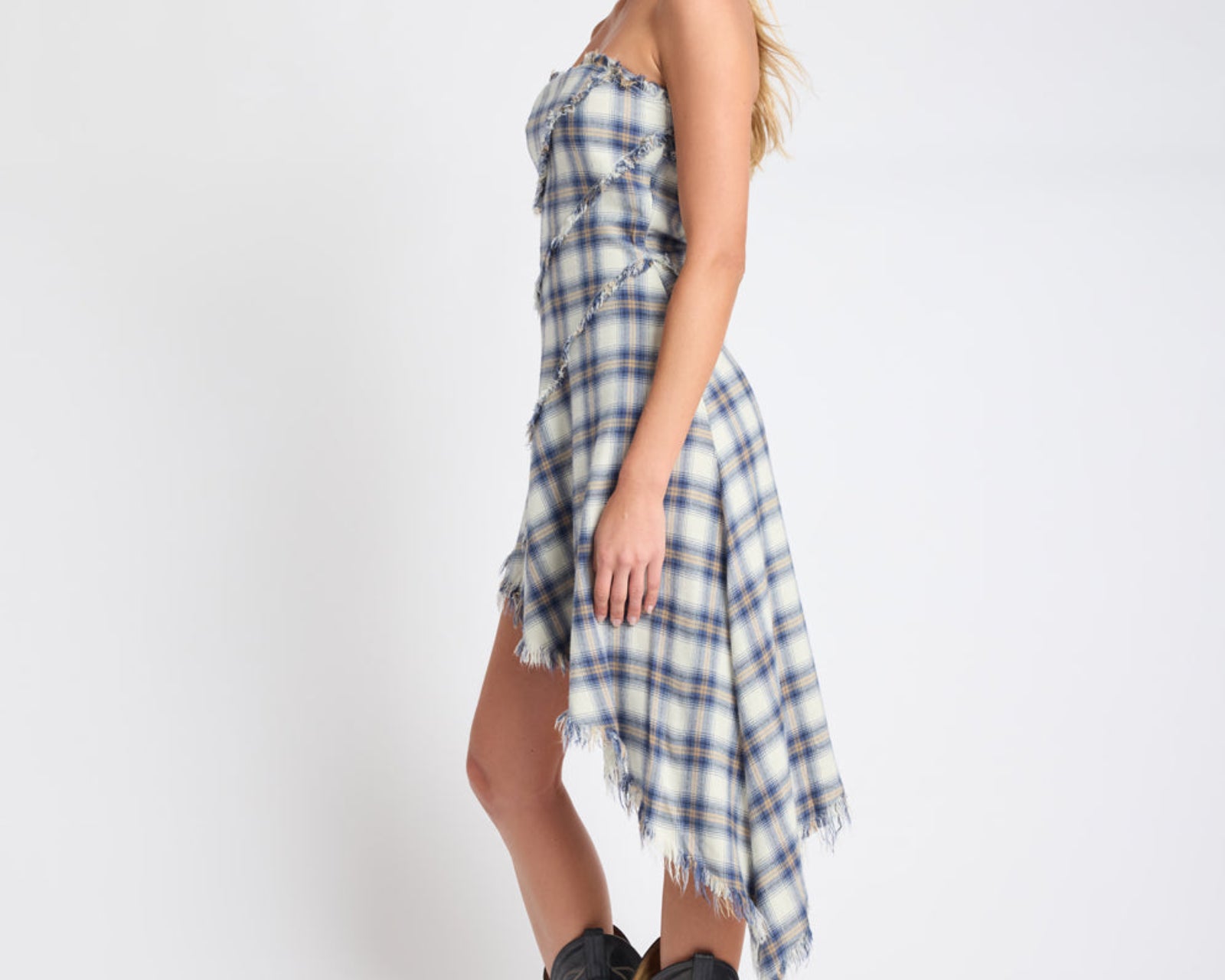 Heart Of Glass Asymmetrical Flannel Mini Dress - Blue & White Check
