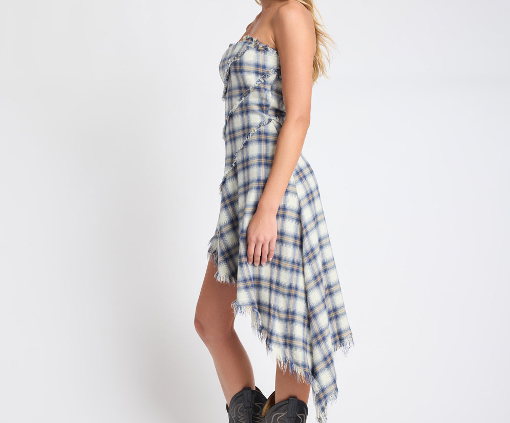 Heart Of Glass Asymmetrical Flannel Mini Dress - Blue & White Check