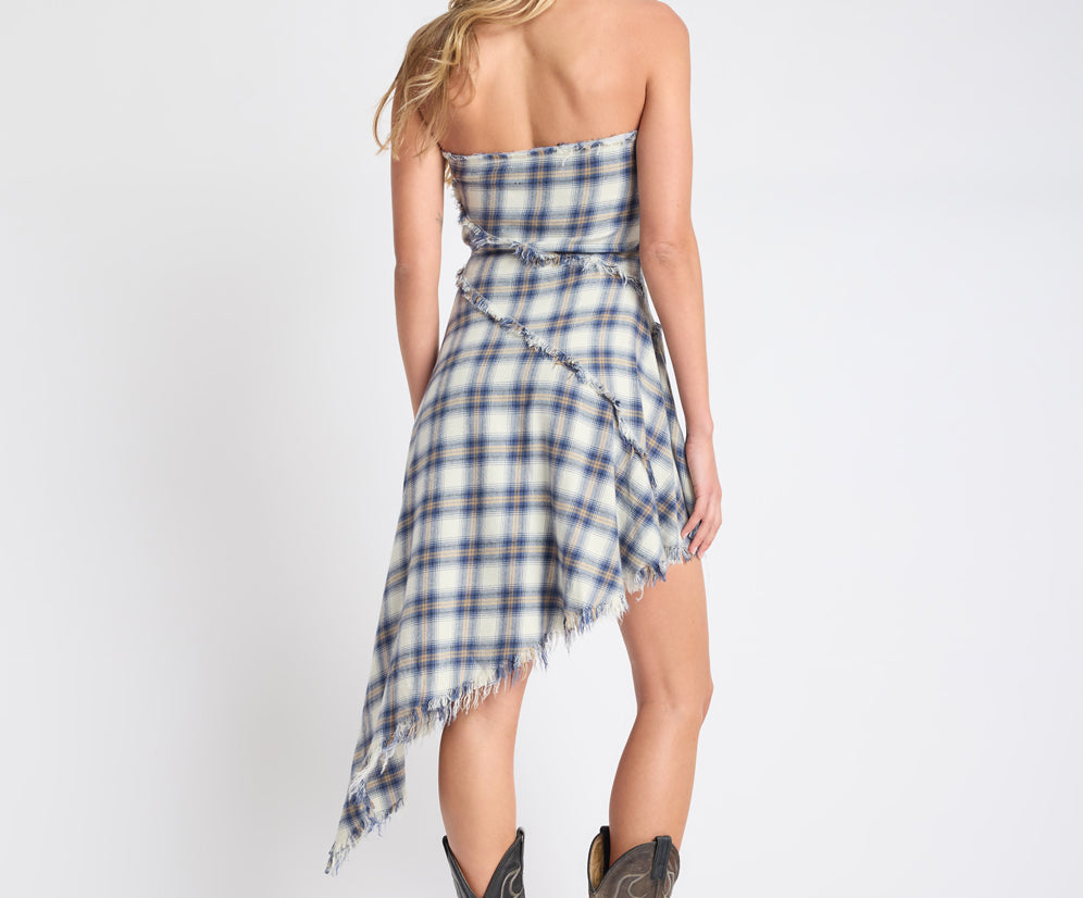 Heart Of Glass Asymmetrical Flannel Mini Dress - Blue & White Check