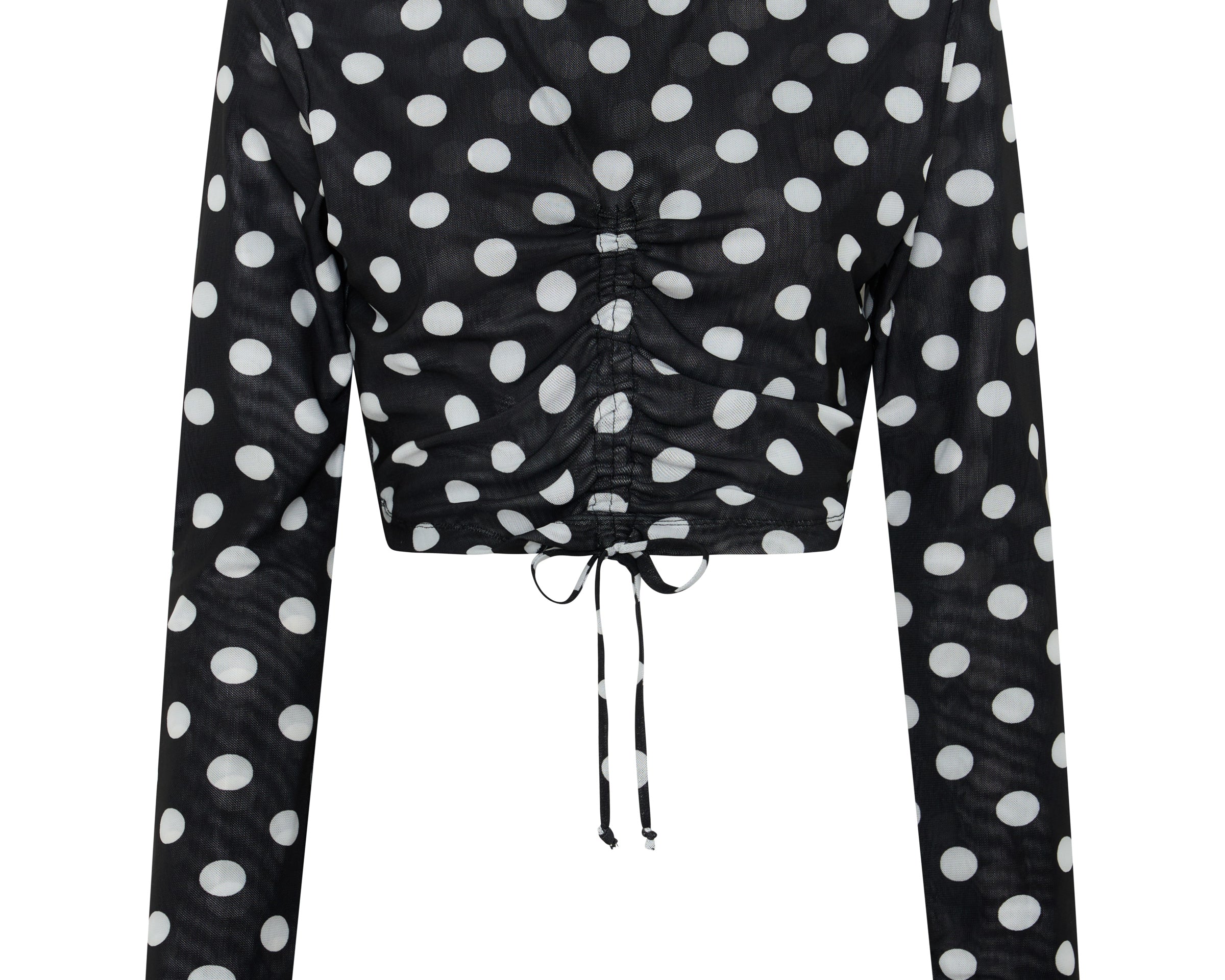 Polka Darling Sheer Mesh Longsleeve Crop Top - Black & White Polka Dot