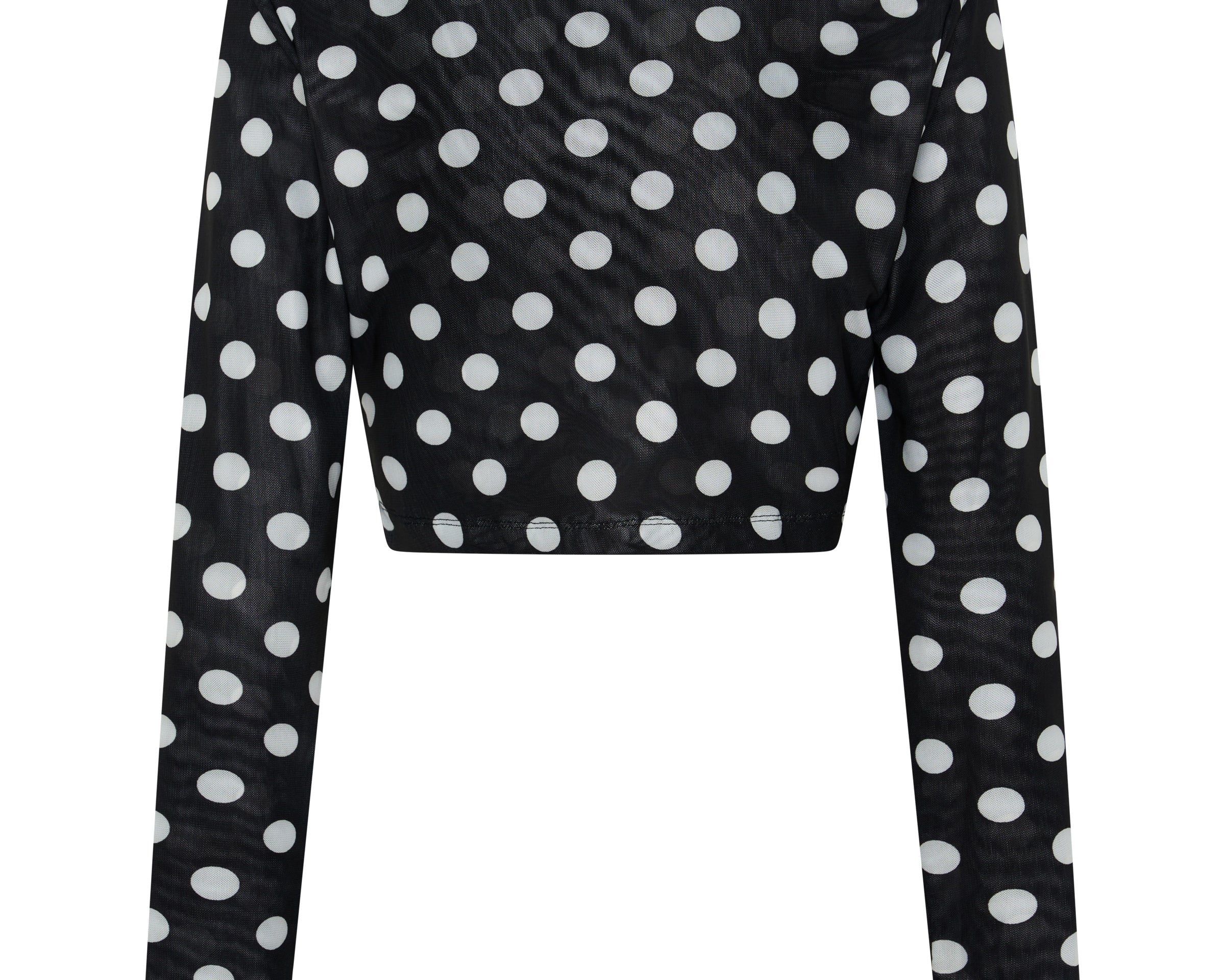 Polka Darling Sheer Mesh Longsleeve Crop Top - Black & White Polka Dot