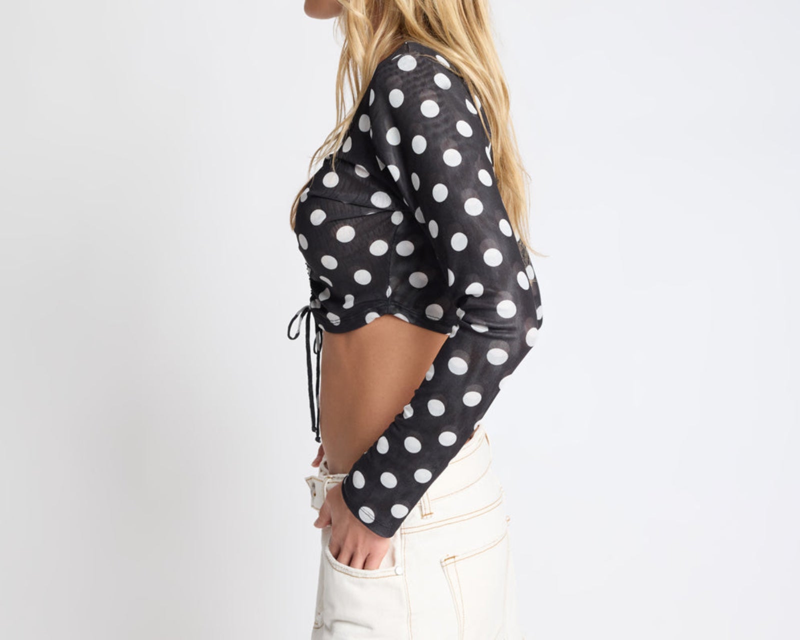 Polka Darling Sheer Mesh Longsleeve Crop Top - Black & White Polka Dot