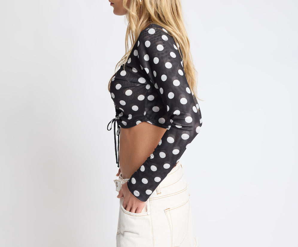 Polka Darling Sheer Mesh Longsleeve Crop Top - Black & White Polka Dot