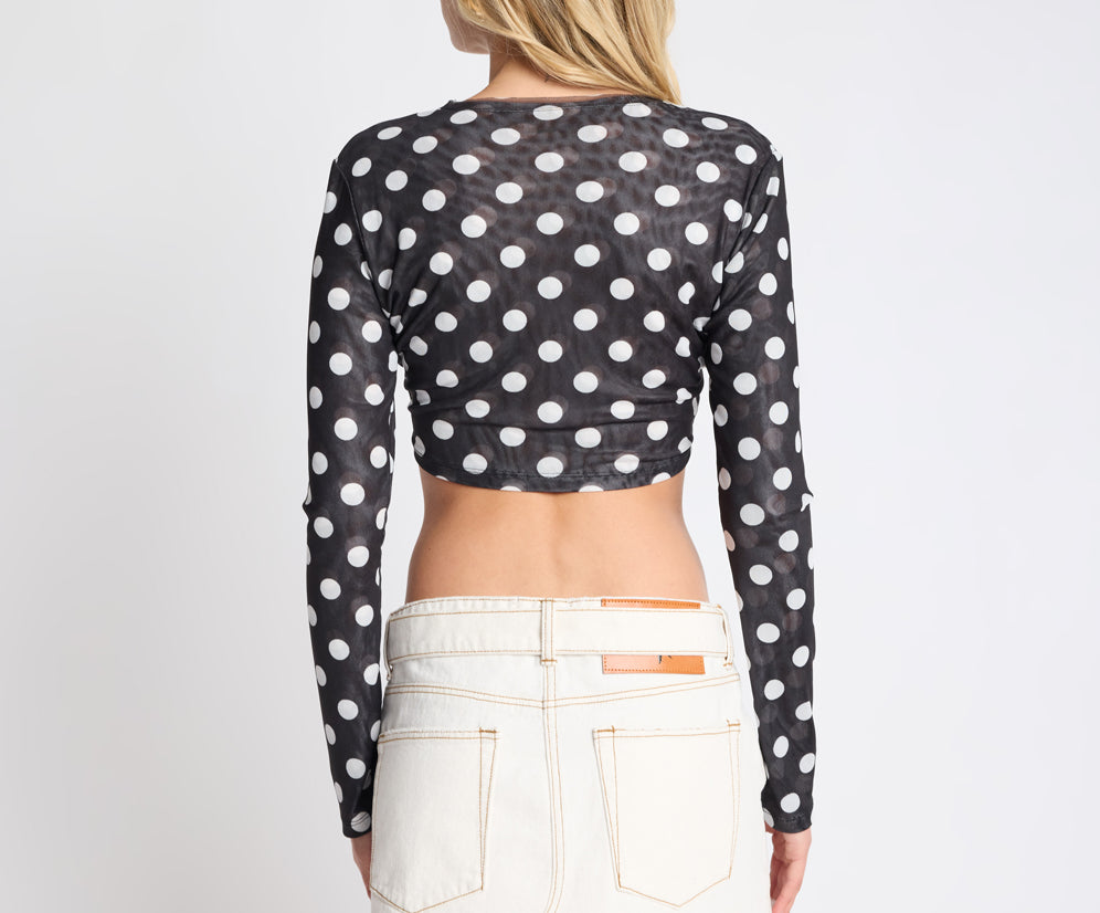 Polka Darling Sheer Mesh Longsleeve Crop Top - Black & White Polka Dot