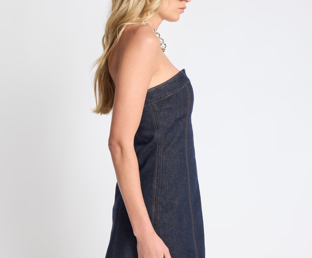 Pamela Strapless Tube Mini Denim Dress - Raw Indigo
