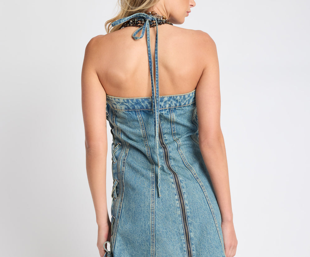 Blue Angel Lace Up Mini Denim Dress - Blue Dune