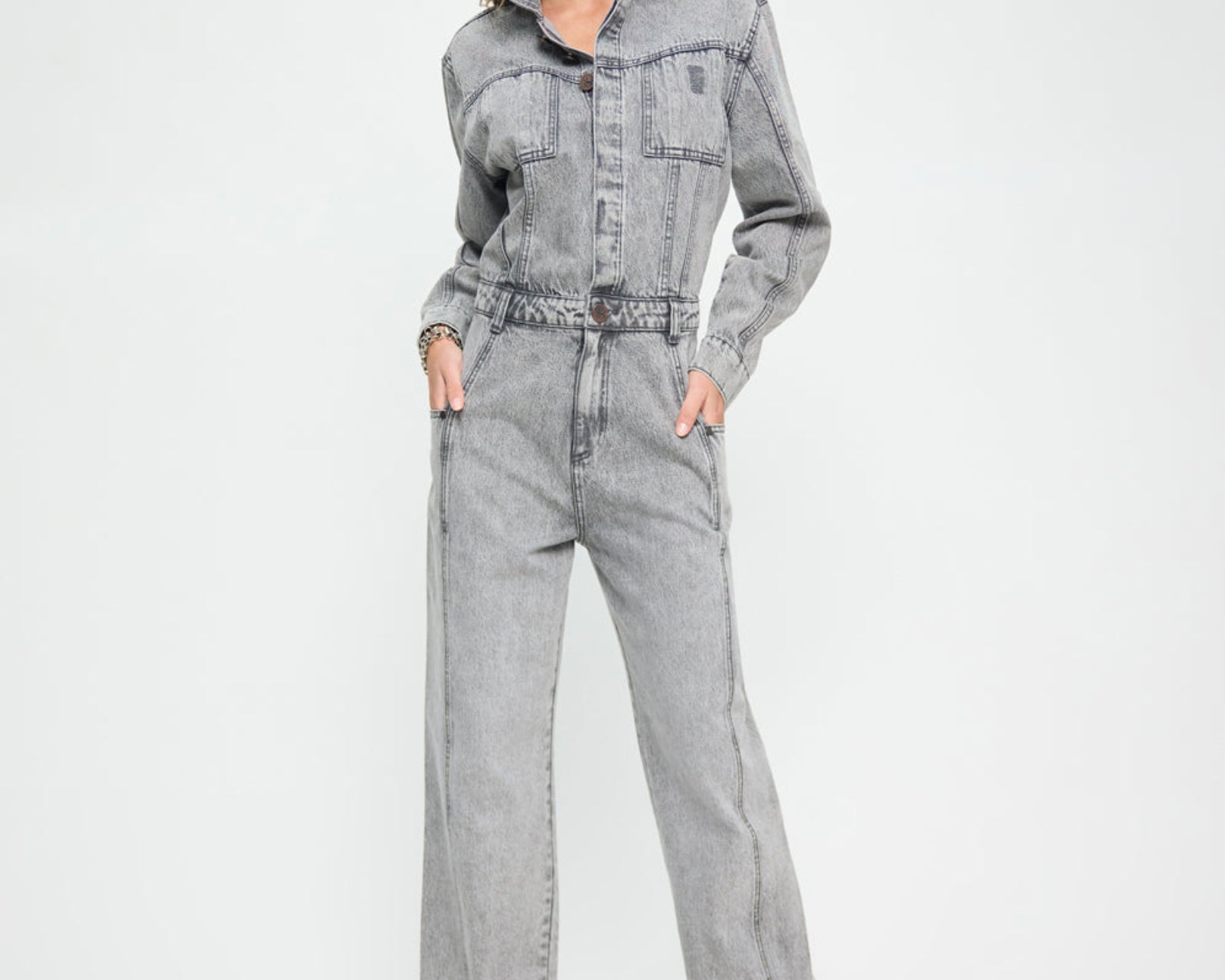 Icon Longsleeved Straight Leg Denim Jumpsuit - Soft Grey