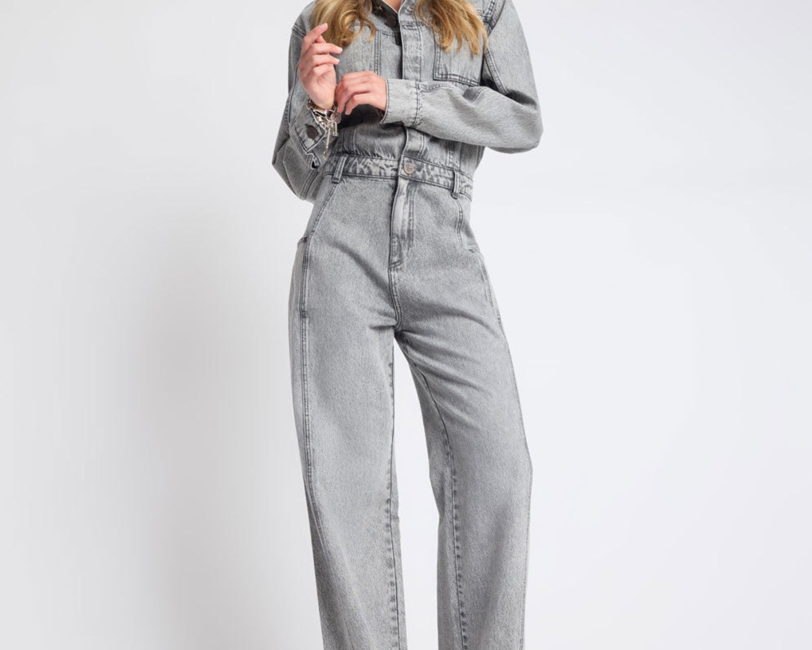 Icon Longsleeved Straight Leg Denim Jumpsuit - Soft Grey