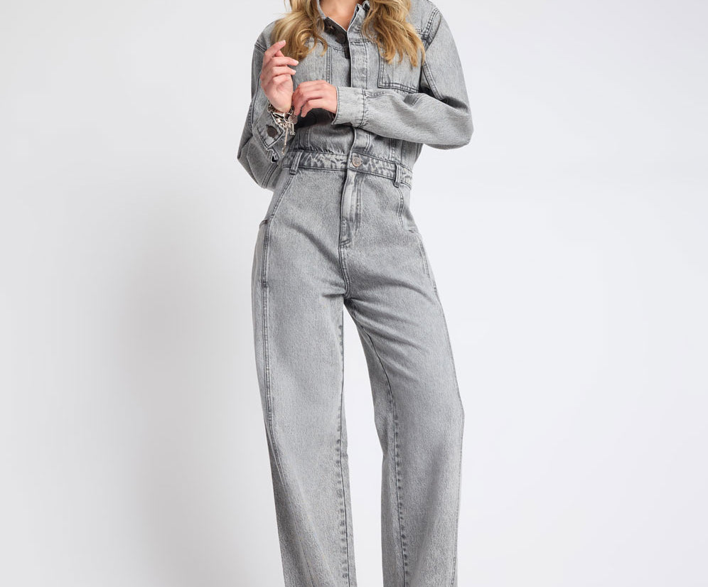 Icon Longsleeved Straight Leg Denim Jumpsuit - Soft Grey