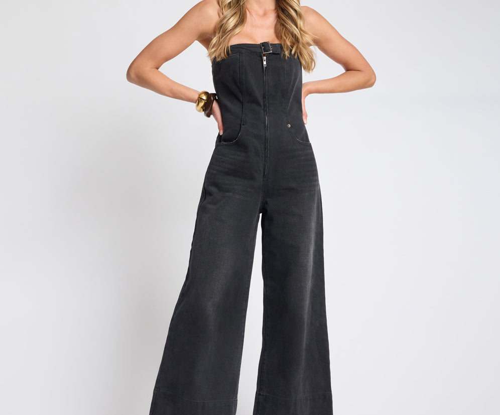 Dark Angel Strapless Wide Leg Denim Jumpsuit - Smokey Black