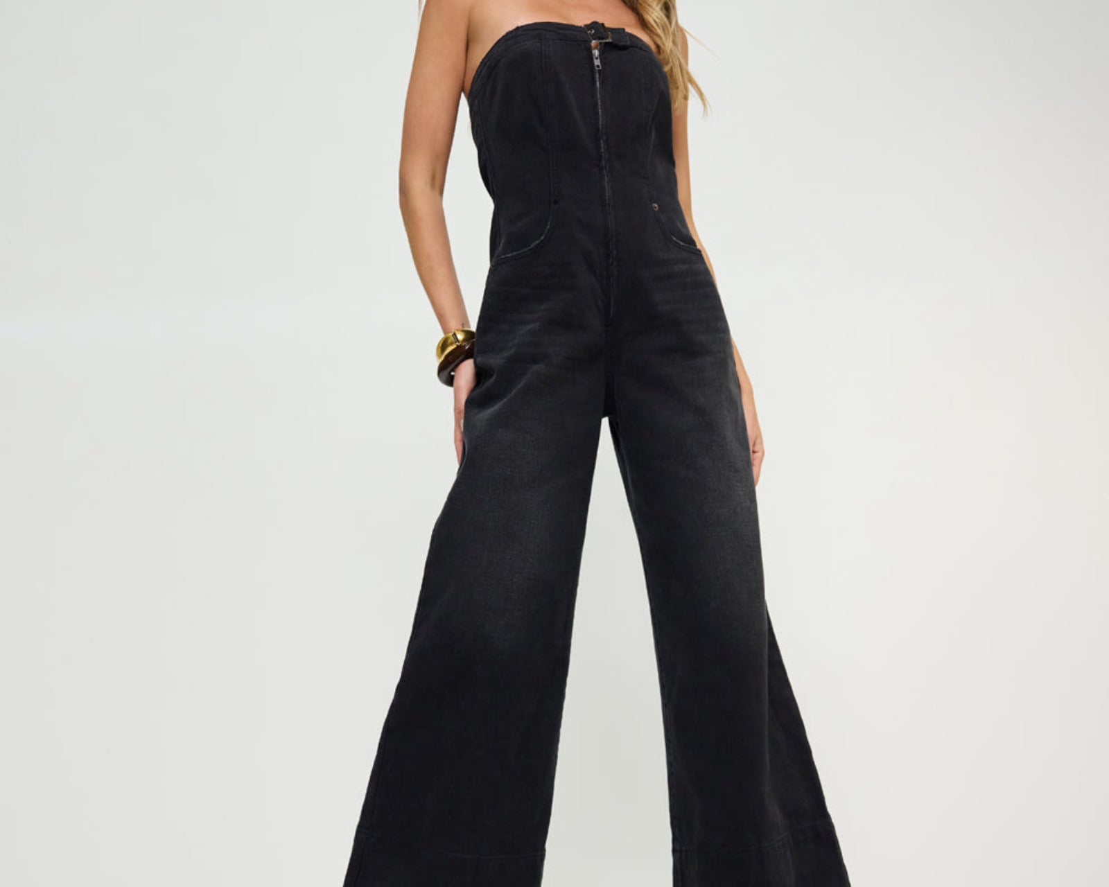 Dark Angel Strapless Wide Leg Denim Jumpsuit - Smokey Black