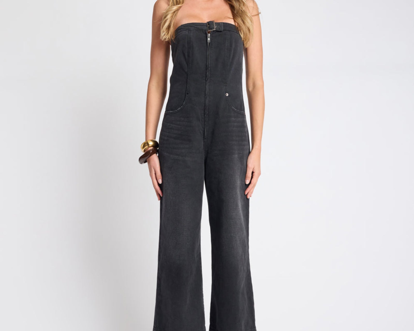 Dark Angel Strapless Wide Leg Denim Jumpsuit - Smokey Black