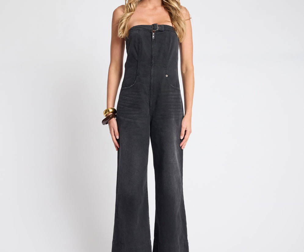 Dark Angel Strapless Wide Leg Denim Jumpsuit - Smokey Black