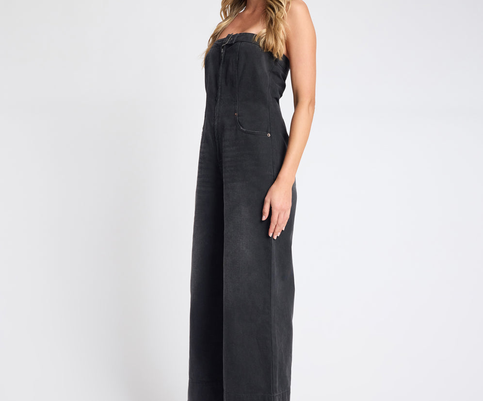 Dark Angel Strapless Wide Leg Denim Jumpsuit - Smokey Black