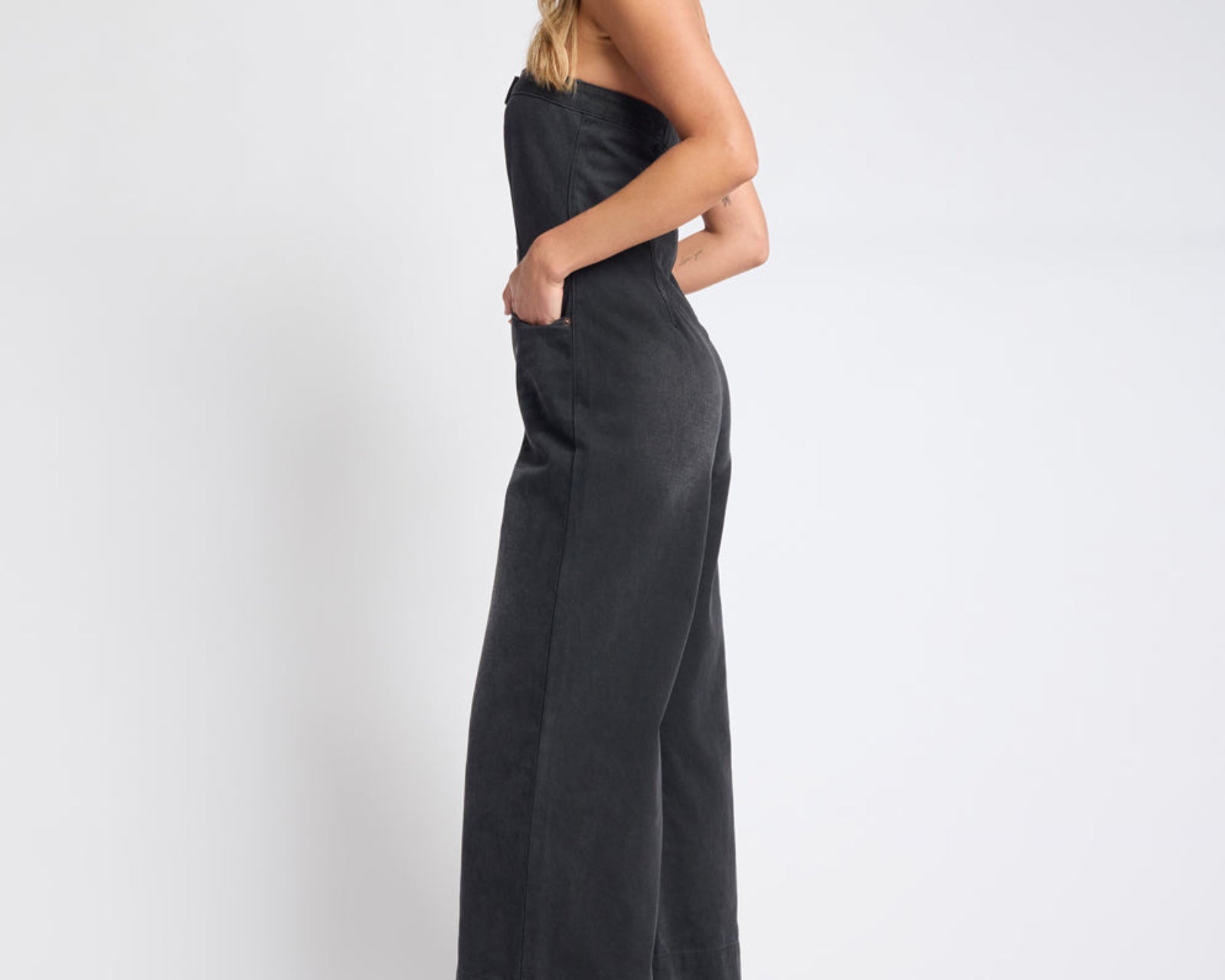 Dark Angel Strapless Wide Leg Denim Jumpsuit - Smokey Black