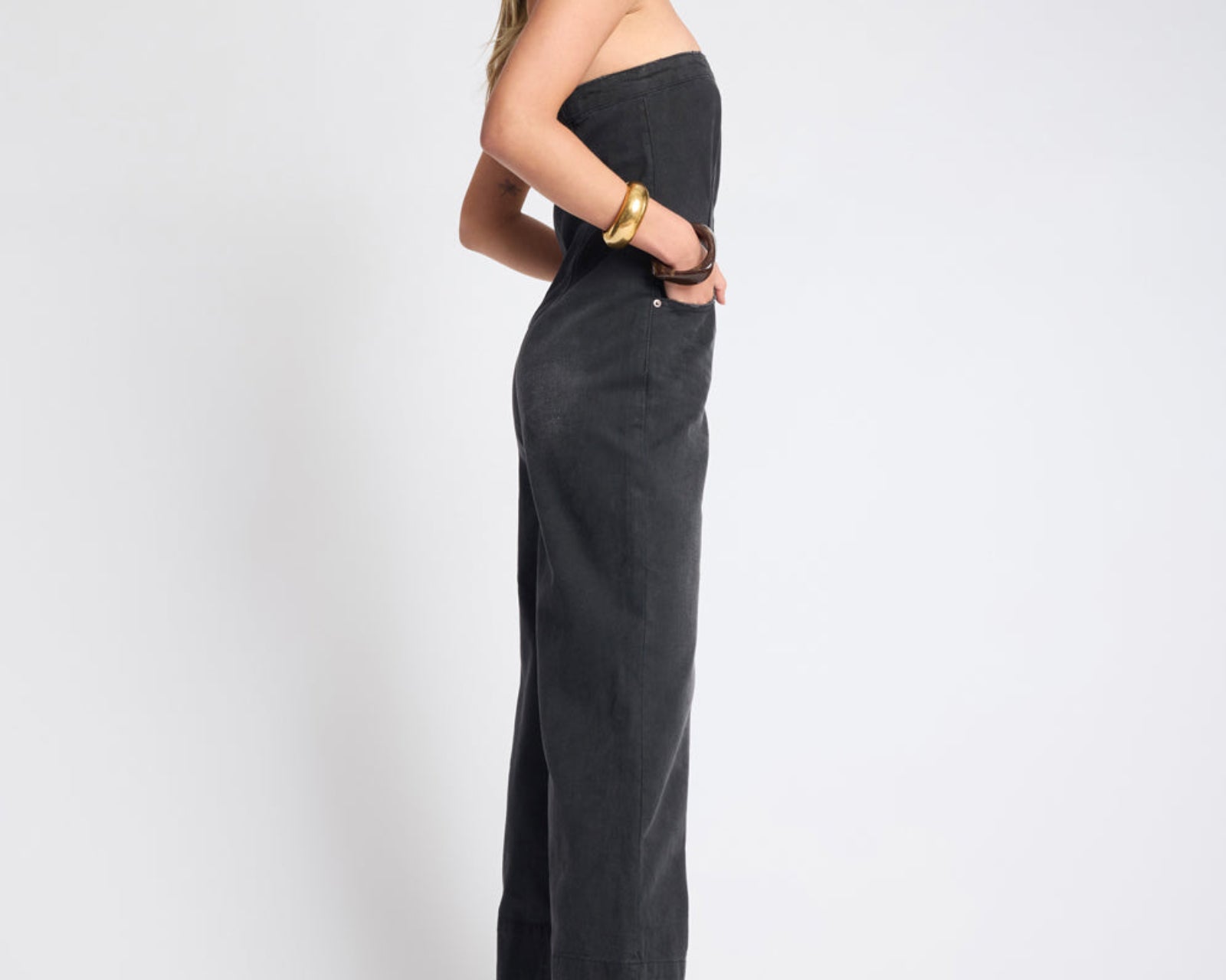 Dark Angel Strapless Wide Leg Denim Jumpsuit - Smokey Black