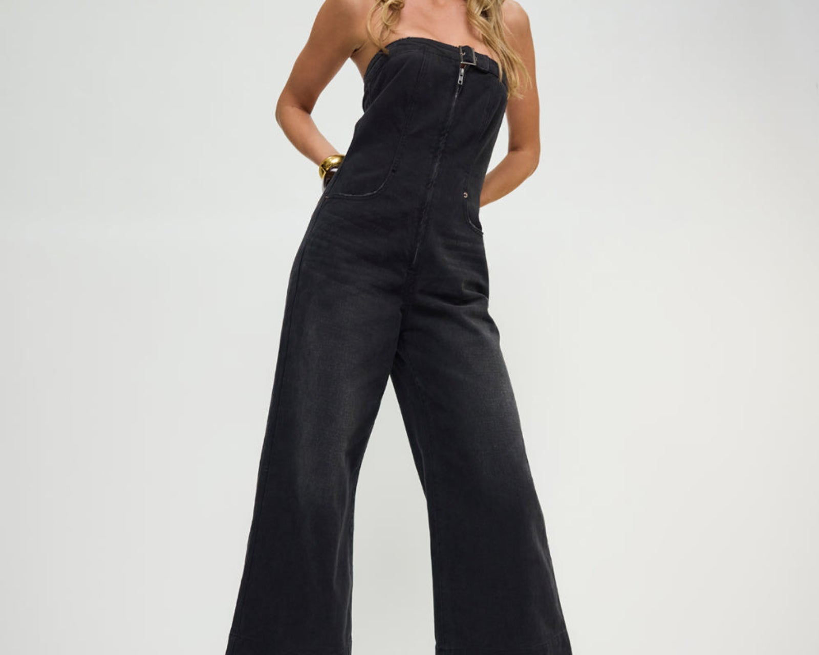 Dark Angel Strapless Wide Leg Denim Jumpsuit - Smokey Black
