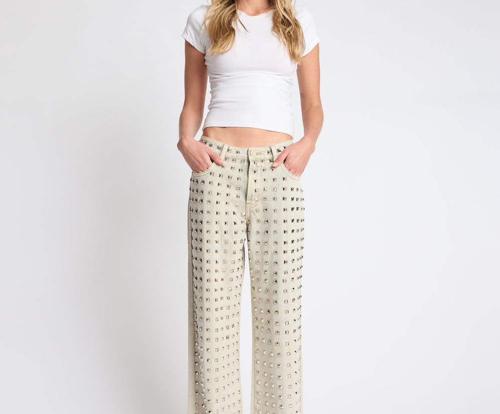 Jackson Mid Waist Wide Leg Studded Denim Jeans - Antique Khaki