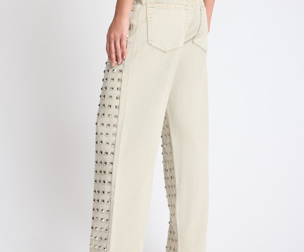Jackson Mid Waist Wide Leg Studded Denim Jeans - Antique Khaki