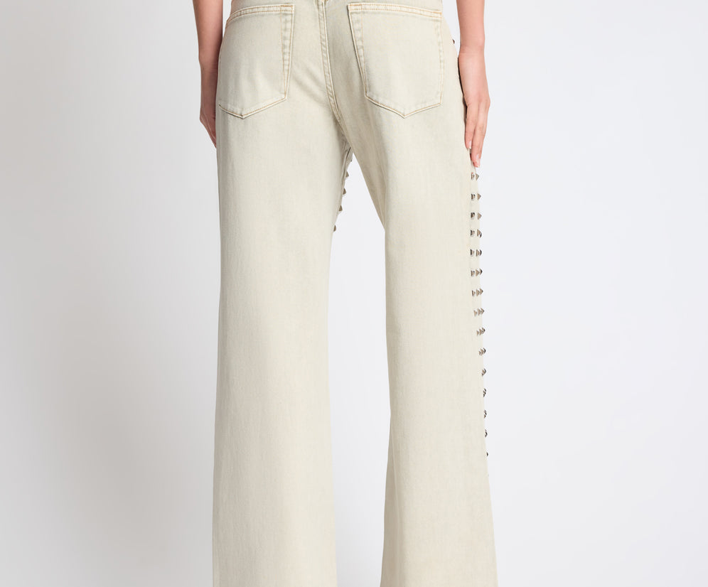 Jackson Mid Waist Wide Leg Studded Denim Jeans - Antique Khaki