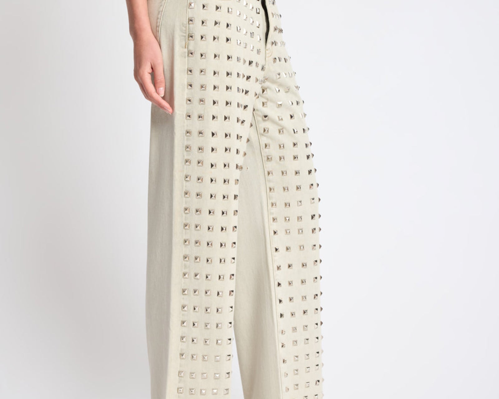 Jackson Mid Waist Wide Leg Studded Denim Jeans - Antique Khaki