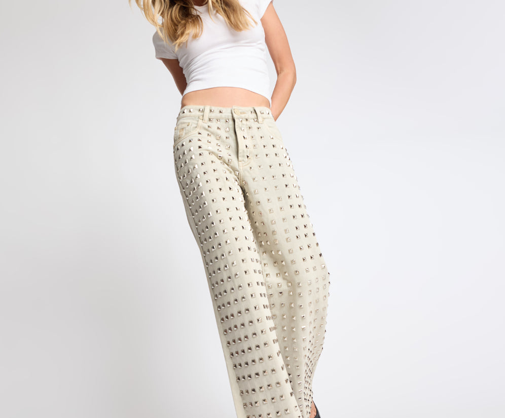 Jackson Mid Waist Wide Leg Studded Denim Jeans - Antique Khaki