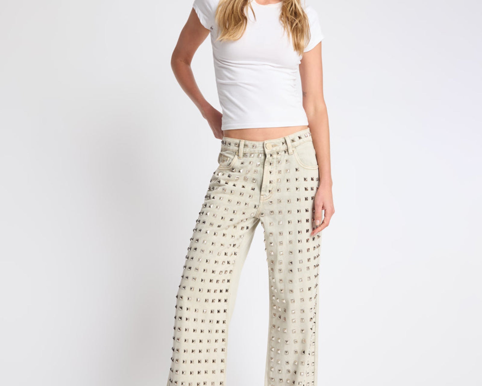 Jackson Mid Waist Wide Leg Studded Denim Jeans - Antique Khaki