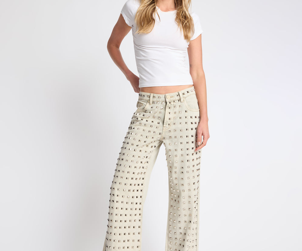 Jackson Mid Waist Wide Leg Studded Denim Jeans - Antique Khaki