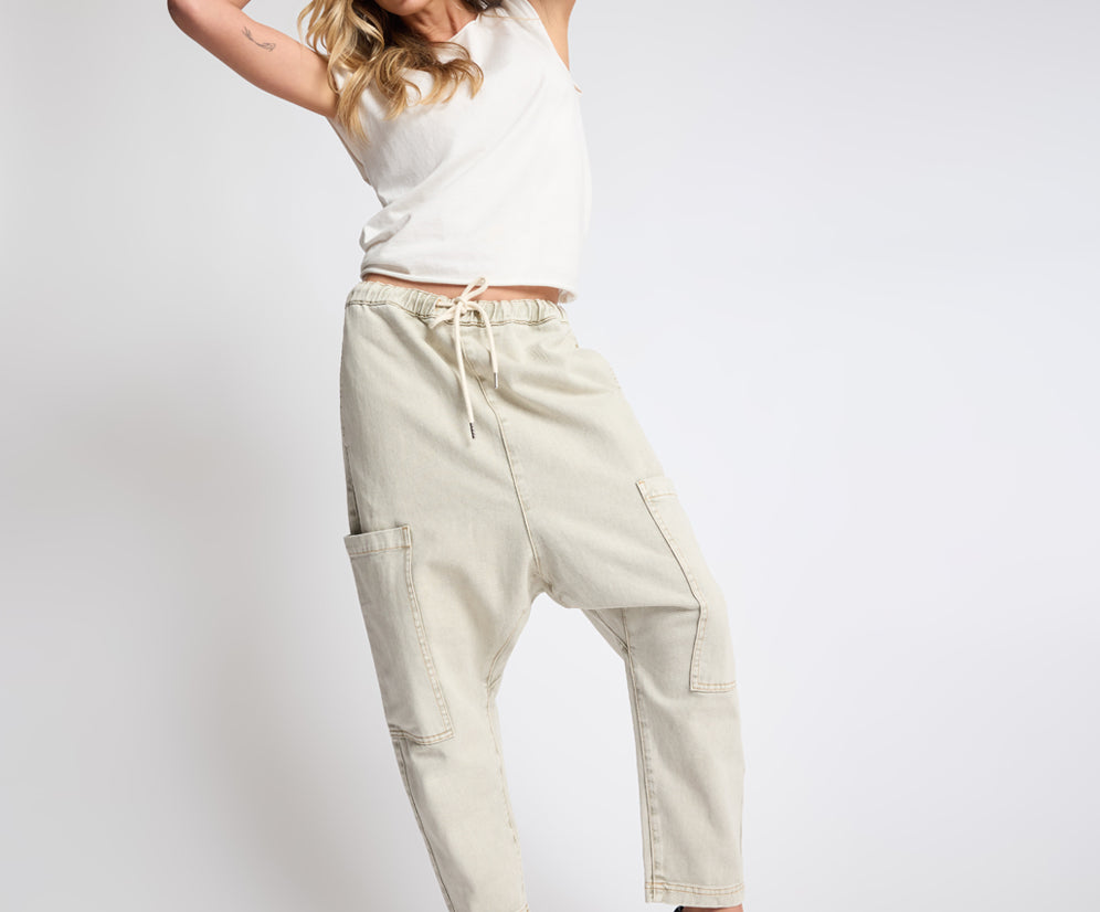 Isla Low Waist Drawstring Harem Denim Jeans - Antique Khaki