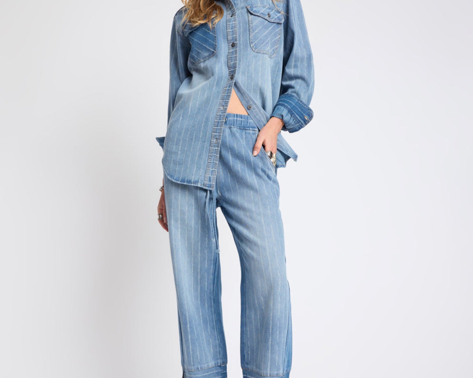 Roadhouse Mid Waist Wide Leg Drawstring Denim Jeans - Blue Stripe