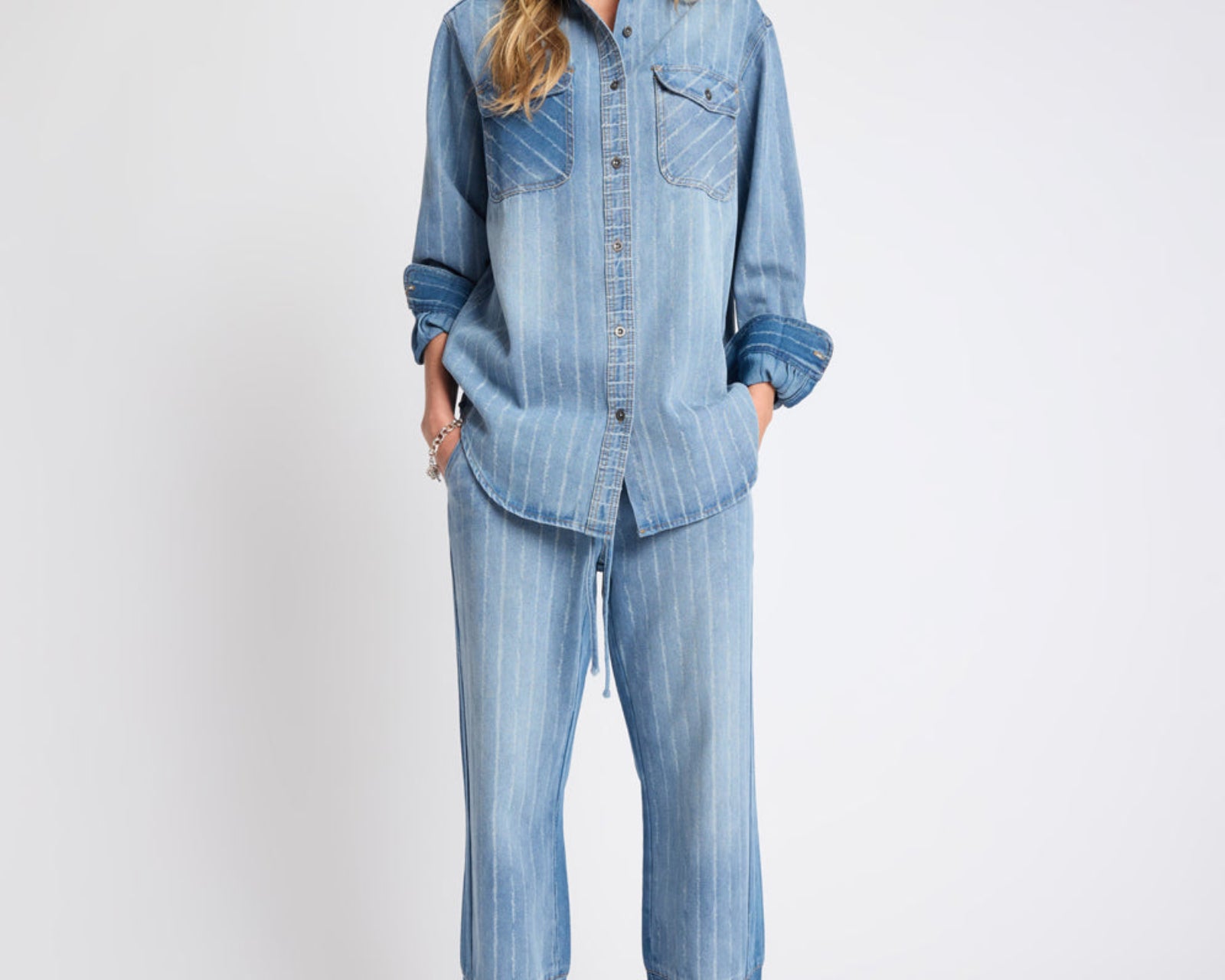 Roadhouse Mid Waist Wide Leg Drawstring Denim Jeans - Blue Stripe