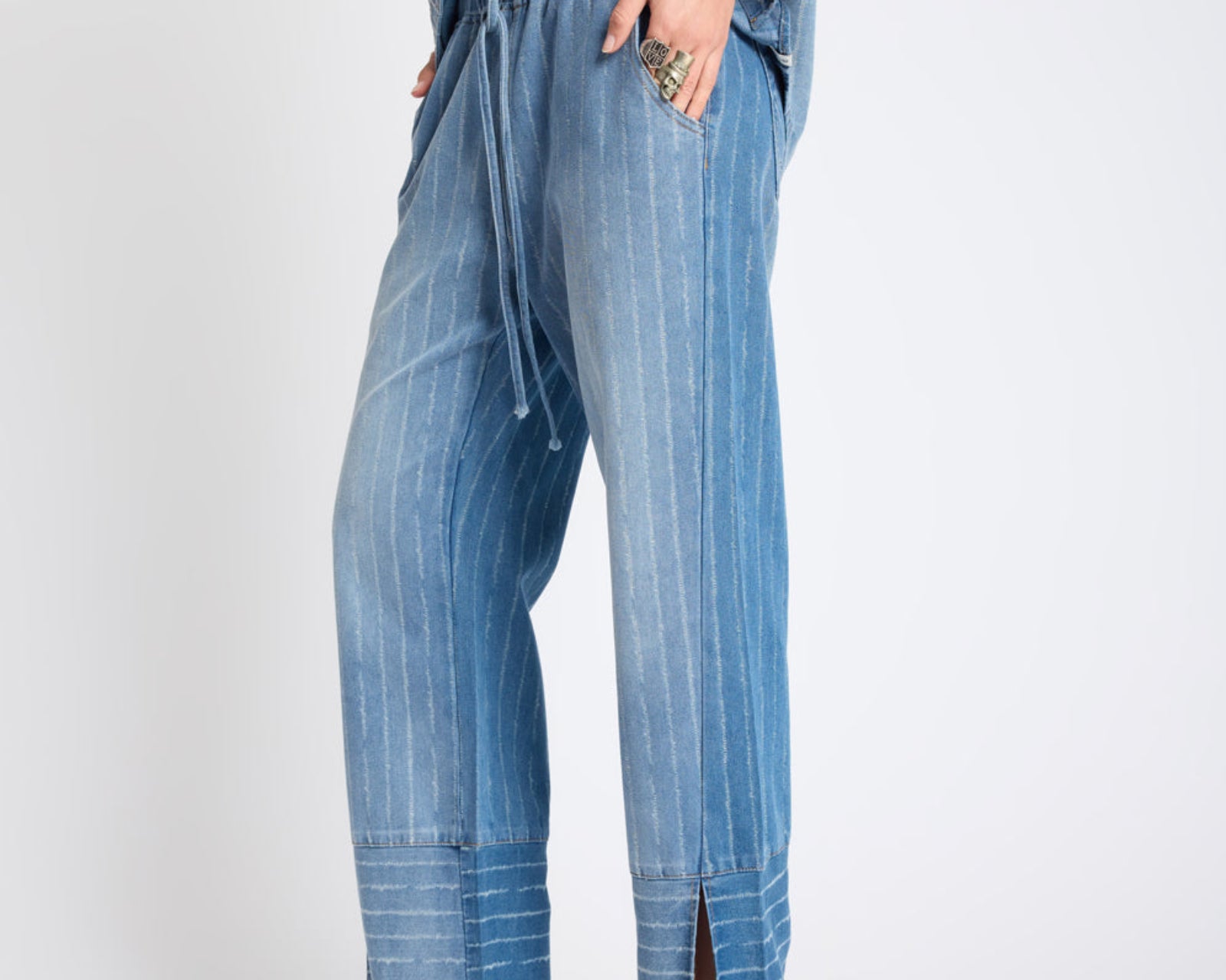 Roadhouse Mid Waist Wide Leg Drawstring Denim Jeans - Blue Stripe