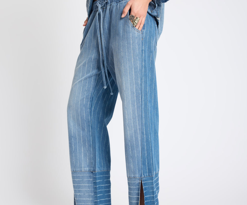 Roadhouse Mid Waist Wide Leg Drawstring Denim Jeans - Blue Stripe